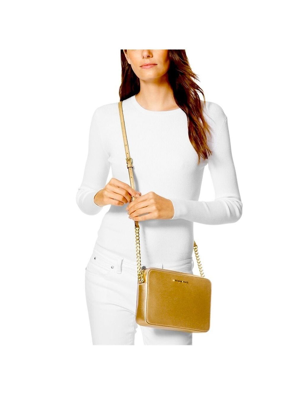 Michael Kors Jet Set Travel Large Metallic Gold Leather Crossbody Bag